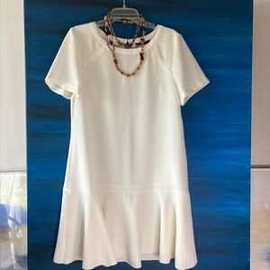 Banana Republic Drop Waist Off White Cream Beige Midi Shift Dress Flounce 12